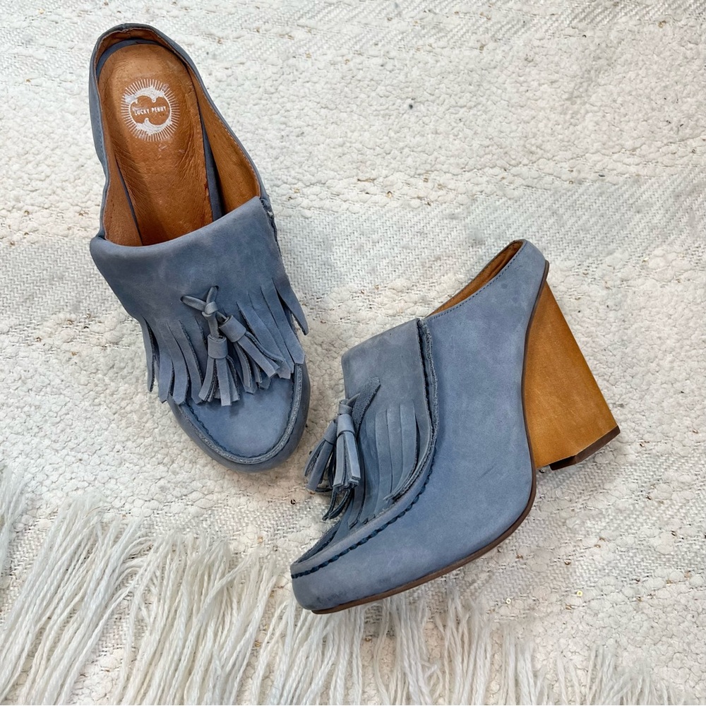 Lucky Penny blue suede wedge heel tassel mules